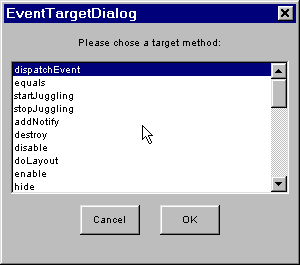 Figura 9 - Scegliamo l'azione stopJuggling. A questo punto viene creata sotto la directory bdk\beanbox la directory tmp\sun\beanbox e viene generato e compilato il codice seguente contenuto in un file .java (il nome della classe viene generato automaticamente) :