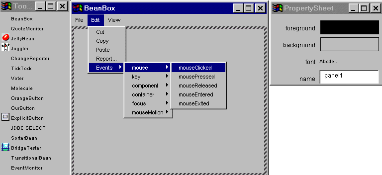 Figura 1 - Il BeanBox costituisce un tool di sviluppo dove testare i JavaBeans