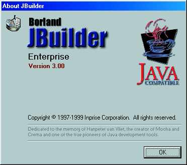 Figura 1: Il dialog di about di JB3; come si può notare, riporta il logo 100% Pure Java Compatible -