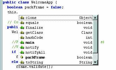 Figura 3: Il code completion entra in funzione non appena si preme il punto e permette di scegliere il metodo o la proprietà per l’oggetto in questione; la funzionalità è disattivabile -