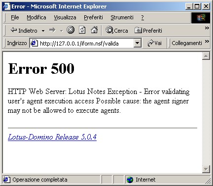 Figura 2 - Messaggio di errore nella esecuzione di un agente visualizzato nella finestra del browser