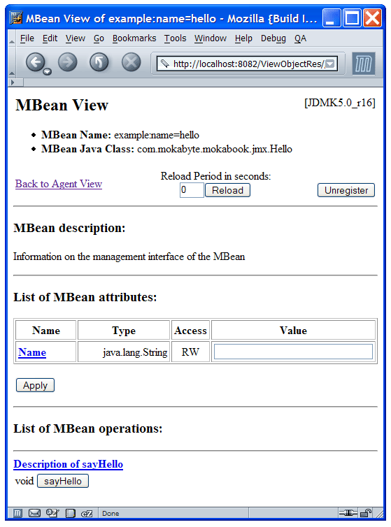 Figura 4 - Tramite la console HTML è possibile invocare direttamente i metodi del bean ed impostare le sue proprietà