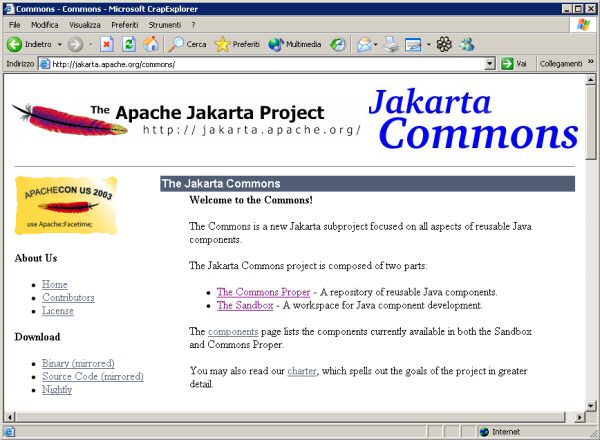 Figura 1 - La homepage del progetto Jakarta Commons