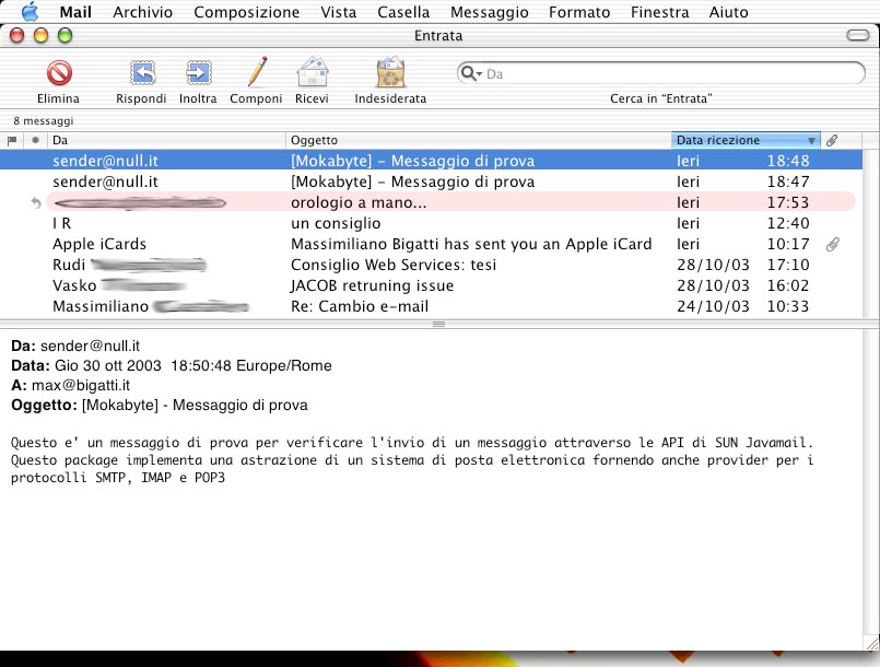 Figura 2 - Il messaggio ricevuto dal programma "Invio"