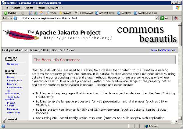 Figura 2 - La homepage del componente BeanUtils del progetto Jakarta Commons.