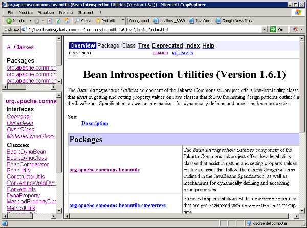 Figura 3 - La pagina iniziale del JavaDoc di Commons BeanUtils.