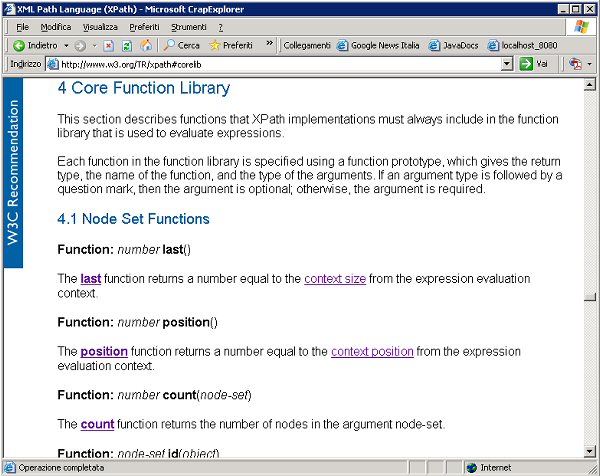 Figura 1 - L'elenco delle funzioni di XPath è accessibile all'interno delle specifiche, <http://www.w3.org/TR/xpath#corelib>