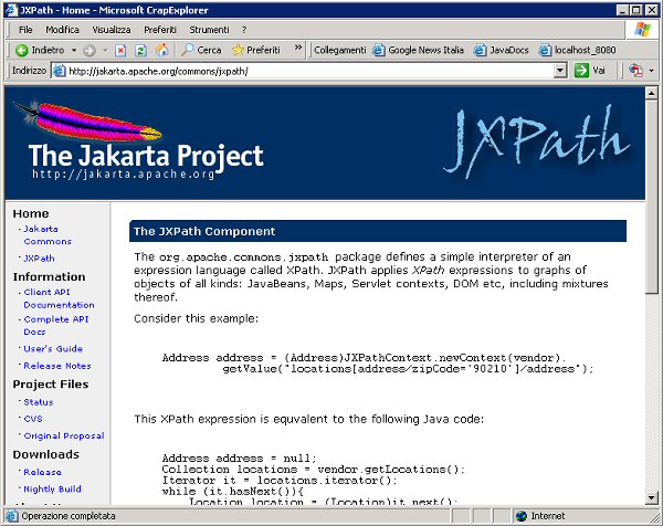 Figura 2 - La homepage di Commons JXPath, all'indirizzo <http://jakarta.apache.org/commons/jxpath/>