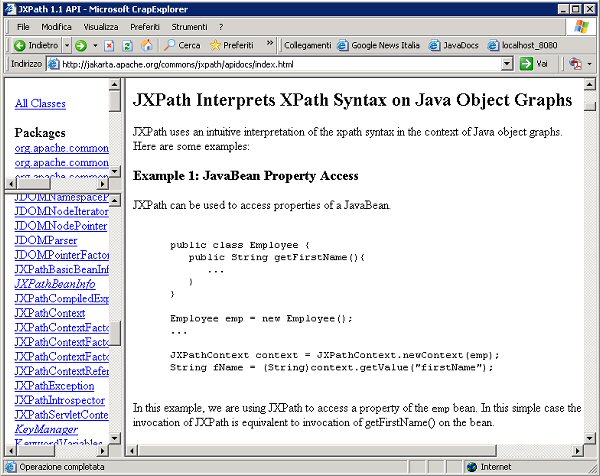 Figura 3 - Il Javadoc della classe JXPathContext, che contiene alcune informazioni ed esempi relativi all'uso del componente. Disponibile all'indirizzo <http://jakarta.apache.org/commons/jxpath/apidocs/>