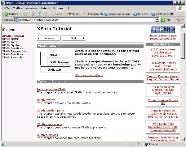 Figura 4 - Frammento della pagina principale del tutorial per XPath offerto da W3Schools, all'indirizzo <http://www.w3schools.com/xpath/default.asp>