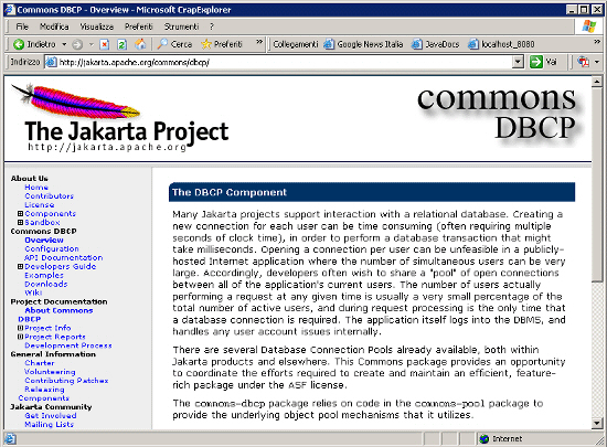 Figura 1 - La homepage ufficiale del componente DBCP, all'indirizzo http://jakarta.apache.org/commons/dbcp/