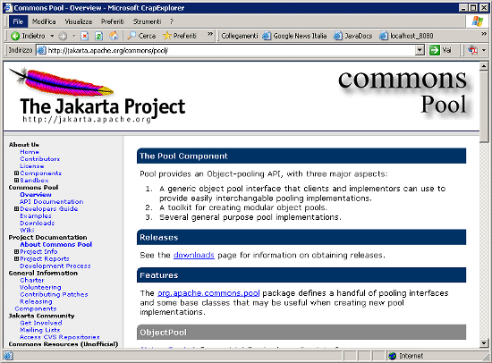 Figura 2 - La homepage ufficiale del componente Pool, su cui si appoggia DBCP, all'indirizzo http://jakarta.apache.org/commons/pool/