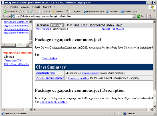 Figura 4 - Il Javadoc del package org.apache.commons.jocl, utilizzato dal sistema per poter leggere ed applicare il documento JOCL. La pagina principale delle API è accessibile all'indirizzo http://jakarta.apache.org/commons/dbcp/apidocs/index.html