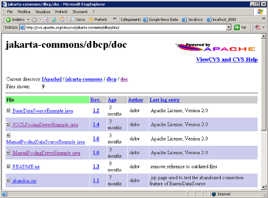 Figura 5 - All'indirizzo http://cvs.apache.org/viewcvs/jakarta-commons/dbcp/doc/ sono disponibili alcuni esempi, semplici ed immediati, di utilizzo del componente anche per ottenere dei DataSource.