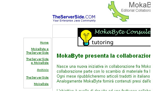 Figura 3 - il menu sulla sinistra per la navigazione del canale MBTSS (collaborazione editoriale MokaByte-TheServerSide) riporta una breve lista di link interni al canale
