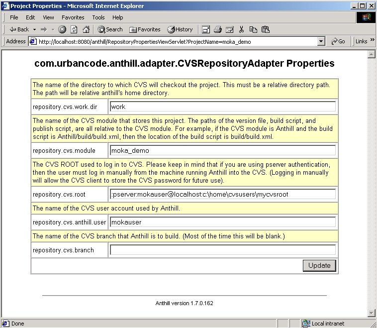 Figura 6 - Impostazioni di Anthill per CVS