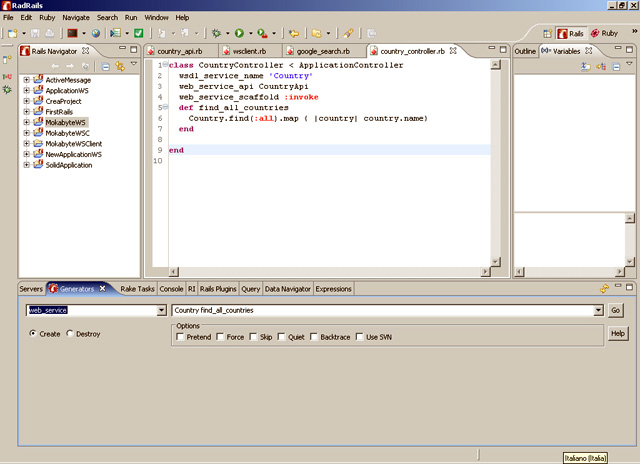 Figura 4 - Creazione del web service con il generator di RadRails