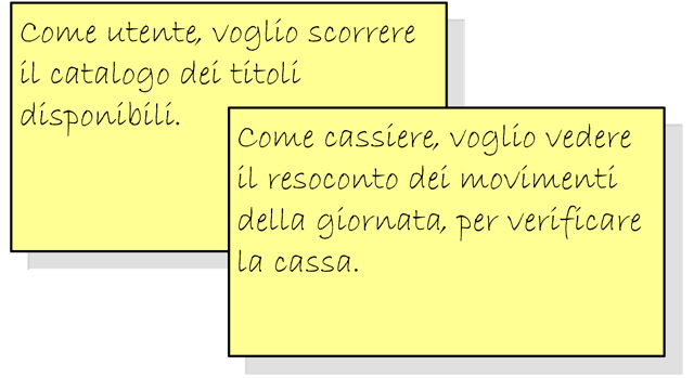 Figura 2 - Esempi di User Stories: le informazioni sono sufficienti ad individuare la feature da sviluppare, ma richiedono un chiarimento