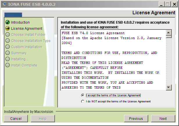 Figura 2 – Installazione di FUSE ESB: licence agreement.
