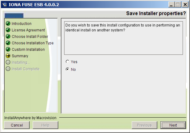 Figura 5 – Installazione di FUSE ESB: salvataggio configurazione.