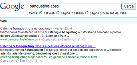 Figura 3 - Ricerca con le parole chiave "banqueting costi".