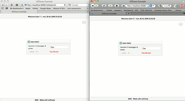 Figura 7 - Aggiornamento del backing bean su due browser diversi.