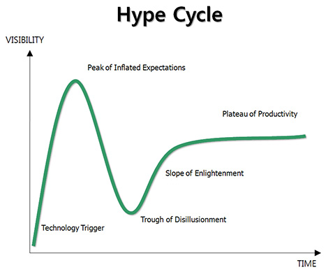 La rappresentazione del ciclo di hype. La curva può presentarsi ovviamente in diverse configurazioni in cui in particolare l'altezza del plateau di produttività può essere più o meno elevata. I termini inglesi sono ormai diventati standard e vengono usati in tale lingua (nel testo dell'articolo sono comunque usati anche termini italiani "equivalenti")