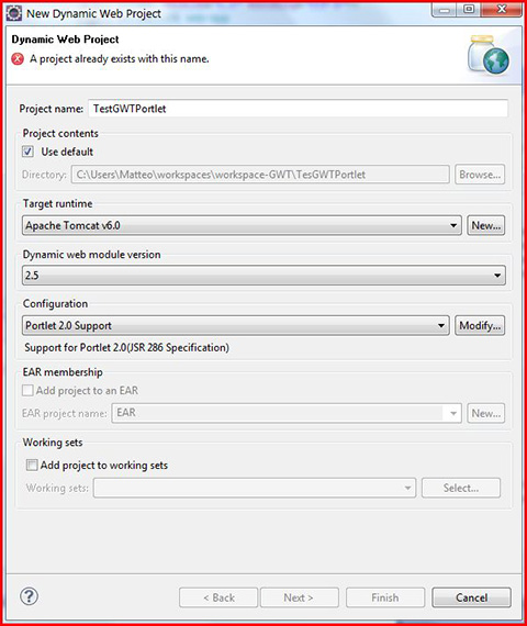 Figura 1 - Creazione di un nuovo DWP con supporto Portlet 2.0