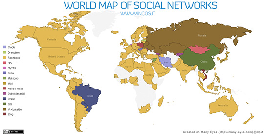Figura 4 - Un uso comune della rappresentazione cartografica: la diffusione dei vari social network nel mondo. Notare le parti in bianco relative a numerose aree per cui non abbiamo dati (l'articolo e l'immagine originale sono visibili in [6])