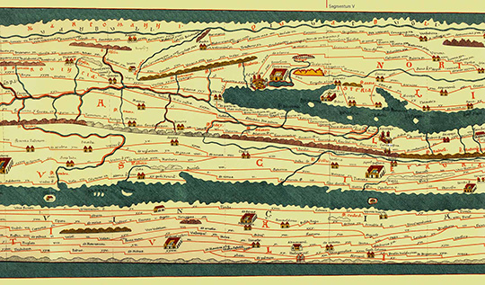 Figura 7 - Per quanto possa sembrare strano, questa è l'Italia settentrionale e centrale così come rappresentata sulla Tabula Peutingeriana, una antica carta geografica di epoca medievale che rappresenta il mondo conosciuto agli antichi Romani. La striscia centrale giallastra è la nostra penisola, orientata in senso ovest-est.