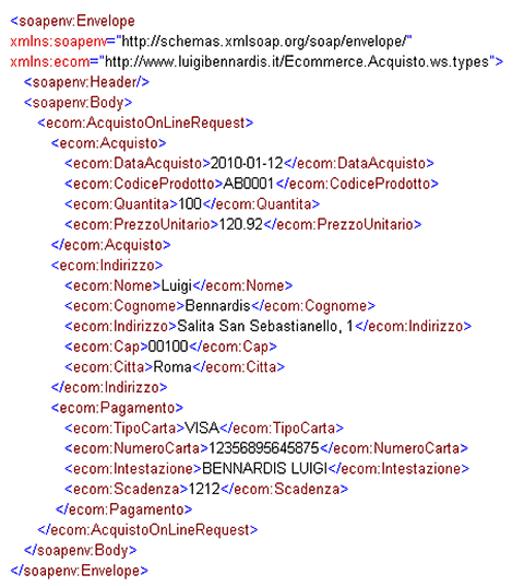 Figura 2 - Esempio di payload di request secondo la vecchia interfaccia del servizio.