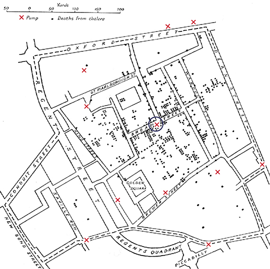 Figura 3 - Base dati su cartografia: il primo "GIS" della storia nella mappa di John Snow. Le pompe d'acqua (croci rosse) e il loro rapporto con i casi di colera (punti neri). La concentrazione di casi intorno a Broad Street fa ipotizzare che il problema possa essere legato alla pompa di acqua (cerchiata in blu) lì collocata.