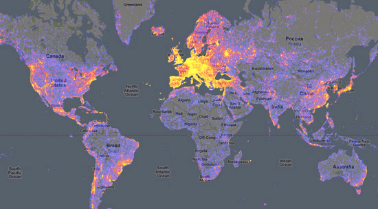 Figura 4 - Le foto turistiche su Panoramio non saranno una base di dati dall'esattezza scientifica ma la loro distribuzione ci dà comunque una visione relativamente attendibile delle zone in cui si concentra la presenza turistica.