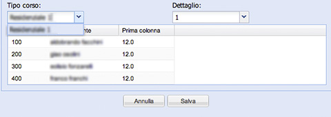 Figura 1 - La combo box popolata con l'elenco dei corsi disponibili in modo da consentire la successiva visualizzazione in una griglia degli studenti di quel corso.
