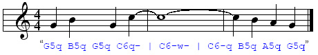 Figura 1 - Esempio di legature e "traduzione" in JFugue.