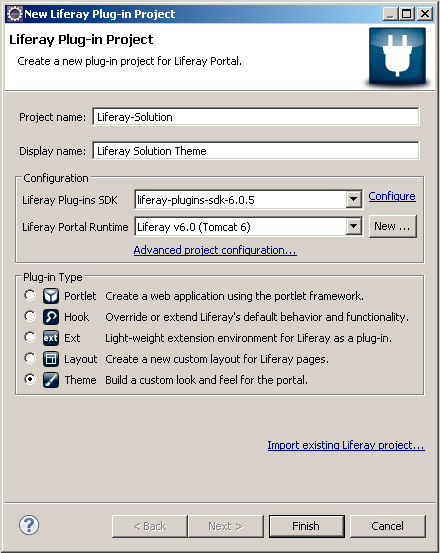 Figura 5 - Parametri per la creazione di un tema vuoto tramite Liferay IDE (Windows).