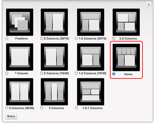 Figura 9 - I modelli di layout predefiniti di Liferay insieme al layout "Home".