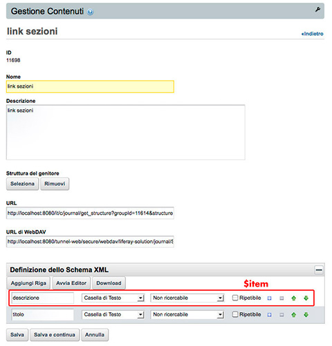 Figura 3 - Pannello di inserimento struttura e schema XML.