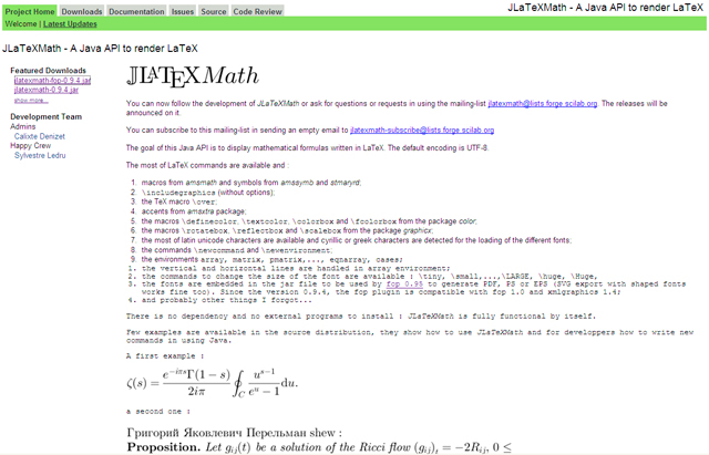 Figura 1 - Il sito del progetto JLaTeXMath.