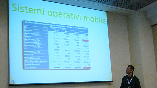 Figura 8 - Un "classico" degli ultimi tempi: le quote di mercato attuali e previste per i prossimi anni, riguardanti i sistemi operativi mobile. Android continua ad avanzare, iOS mantiene una fetta significativa, per gli altri sembrano rimanere solo gli avanzi.