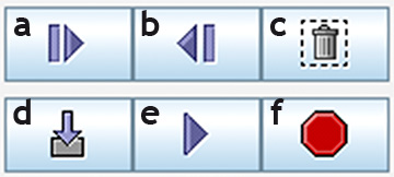 Figura 5 - I tasti di controllo in modalità “stored path” (in basso a destra sull’interfaccia), per registrare un percorso: a. Record step ; b. Undo ; c. Discard sequence ; d. Submit sequence ; e. Play; f. Panic!.
