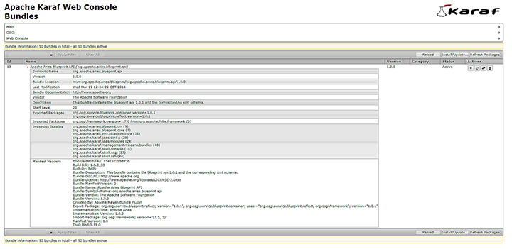Figura 11 - La pagina della webconsole con le informazioni di dettaglio del bundle.