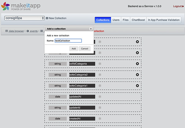 Figura 3 - Definizione di una collezione attraverso il dashboard di un BaaS.