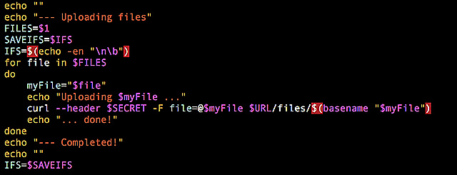 Figura 5 - Esempio di upload di una directory con CURL, richiamando il servizio BaaS “files” di MakeItapp.eu.