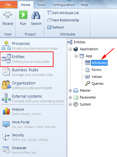 Figura 9 - Home Tab: Entities/Attributes.