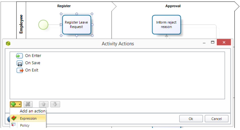 Activity Actions aggiunta di una Expression.