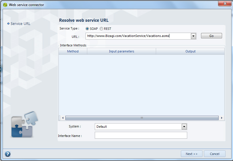 Web service connector: inserimento URL.