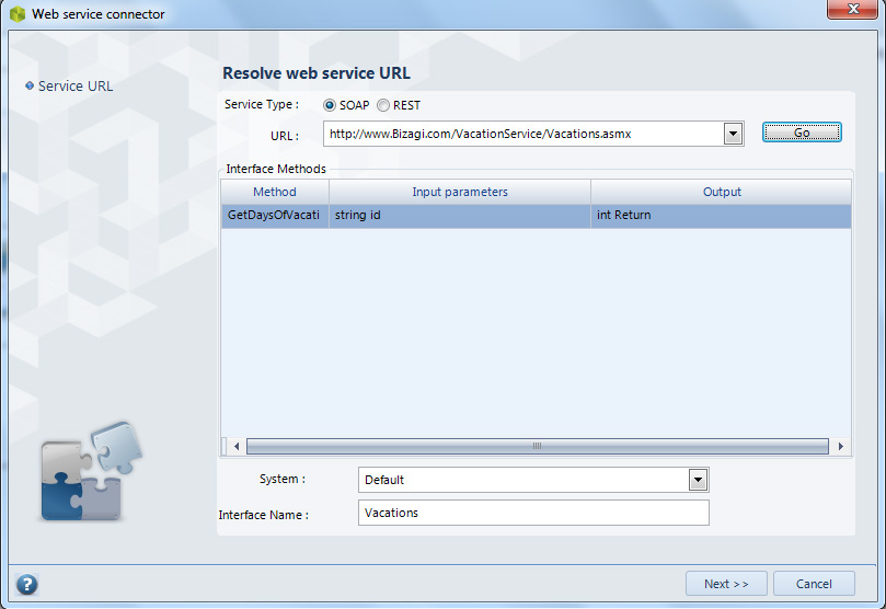 Web service connector: selezione del metodo.