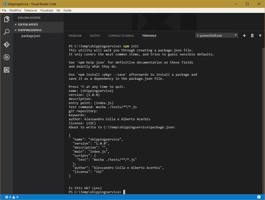 La configurazione del nostro progetto in Visual Studio Code.