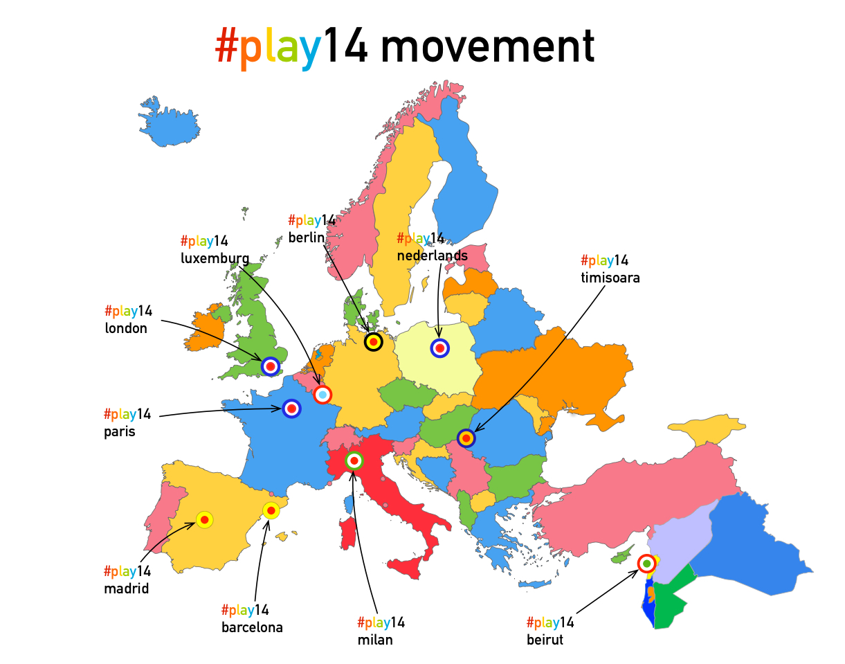 #Play14 movement. Nata nel 2014 in Lussemburgo, in breve tempo la conferenza si è allargata ad altre città europee (e non solo): ad oggi possiamo contare nelle edizioni di Lussemburgo, Londra, Beirut, Antwerp, Milano e le prossime Barcellona, Timisoara, Berlino e Parigi.